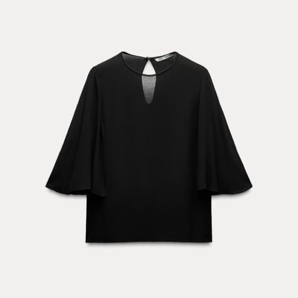 ZARA ZW Collection Black Flowing Cape Sleeve Lightweight Chic Blouse Top Sz L - Picture 5 of 11
